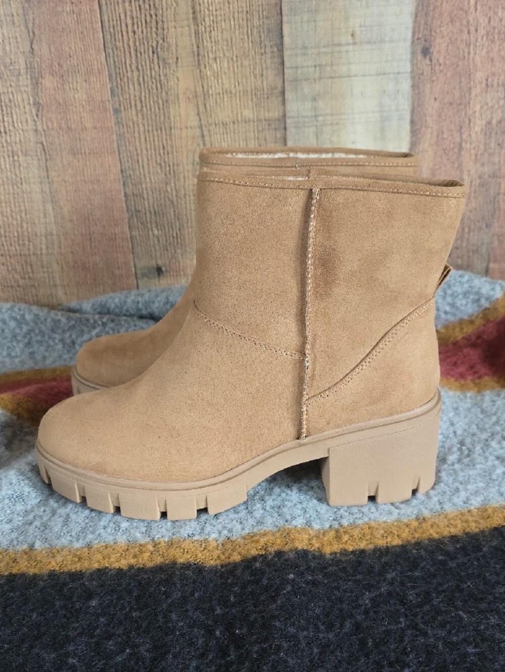 Chunky Lug Heel Suede Ankle Boots in Tan - Picture 3 of 10
